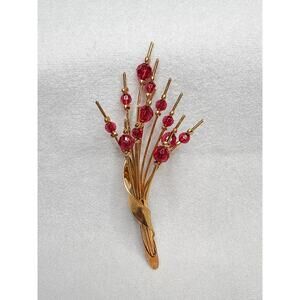 Gold‑Tone Floral Spray Brooch with Red Acrylic or Lucite Beads, Vintage Fashion